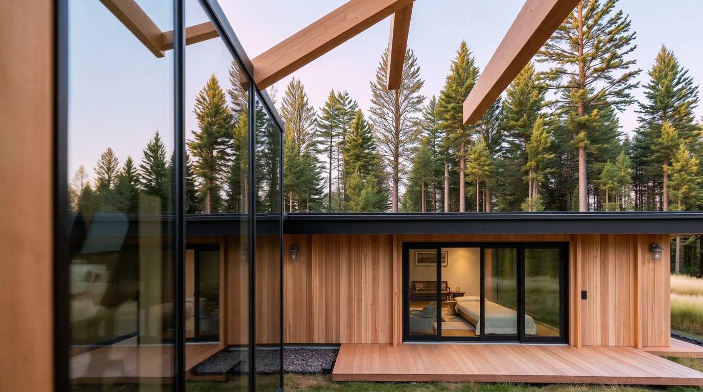 Refugio de madera construido por ARTETOSCO al atardecer, rodeado de bosque
